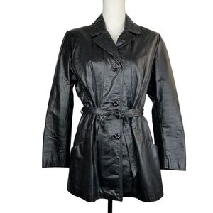 Women’s Genuine Leather Belted Button Up Jacket